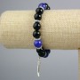 Black Agate, Lapis Lazuli (imitation acrylic) Bracelet, smooth round bead, diameter 10mm+/- with silver-tone Wolf inserts, length 18cm+/- (stretch)