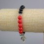 Black Agate Bracelet, diameter 8mm+/-, Coral smooth round bead, diameter 8.5mm+/- with silver-tone inserts, length 18cm+/- (stretch)