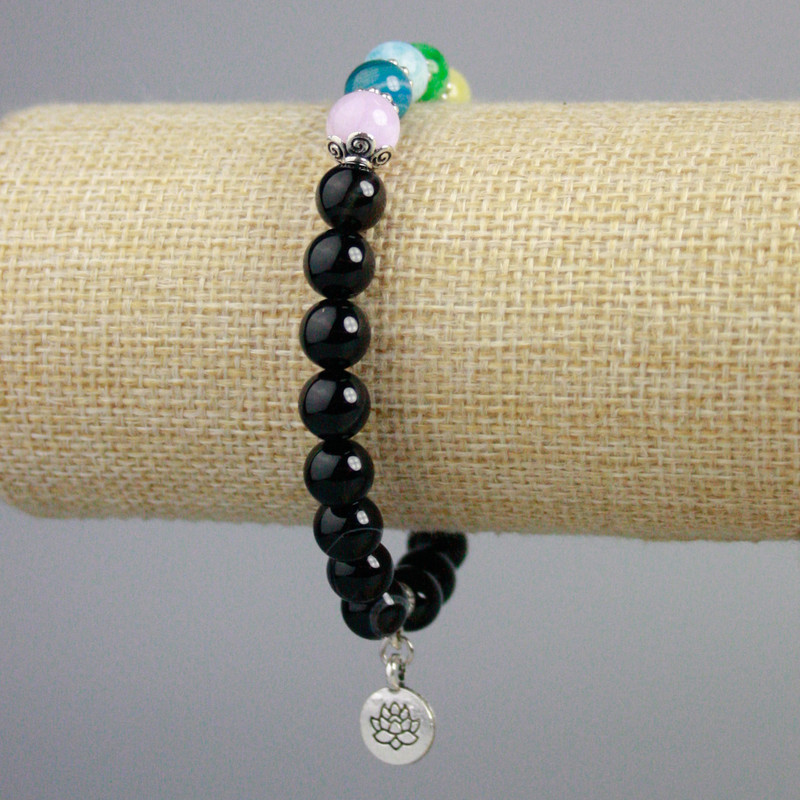 Black Agate Bracelet, multicolour assorted smooth round bead, diameter 8mm+/- with silver-tone inserts, length 18cm+/- (stretch)