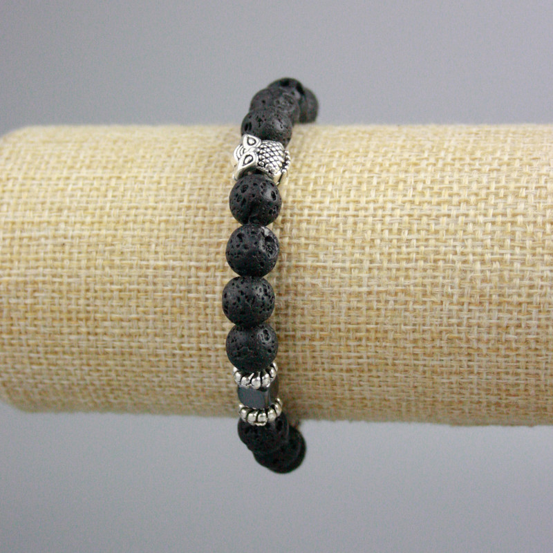 Lava Bracelet, smooth bead, diameter 8.5mm+/-, Hematite cube 6mm+/- with silver-tone inserts, length 18cm+/- (stretch)