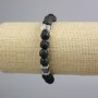 Lava Bracelet, smooth bead, diameter 8.5mm+/-, Hematite cube 6mm+/- with silver-tone inserts, length 18cm+/- (stretch)