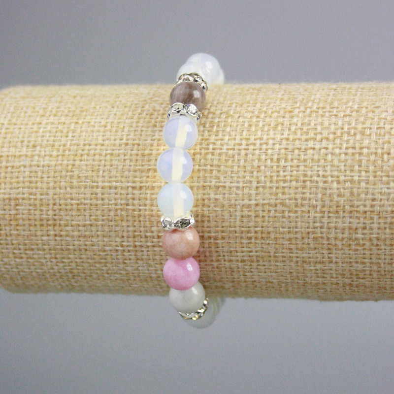 Moonstone (Opalite), Multicolour Jadeite Bracelet, smooth bead, diameter 8mm+/- with rhinestones, length 18cm+/- (stretch)