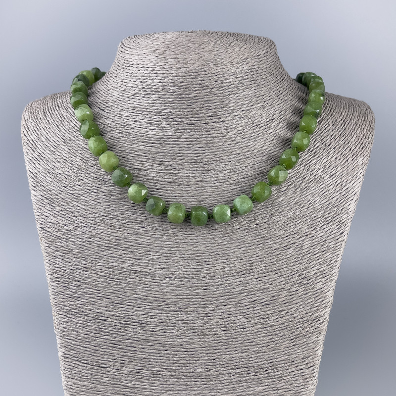 Canadian Jadeite Natural Stone Necklace, Faceted Cube, Diameter 9x9mm+/-, Length 50cm+