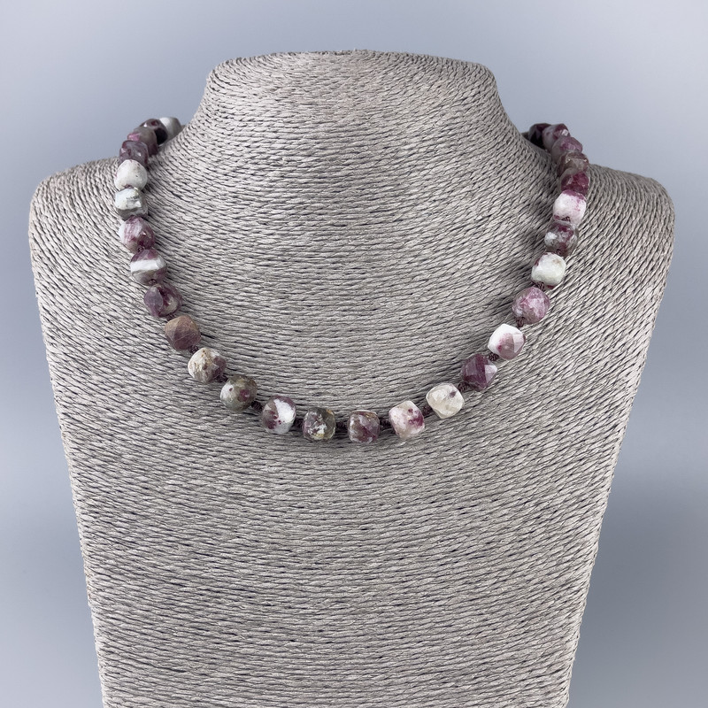 Tourmaline Natural Stone Necklace, Faceted Cube, Diameter 9x9mm+/-, Length 50cm+
