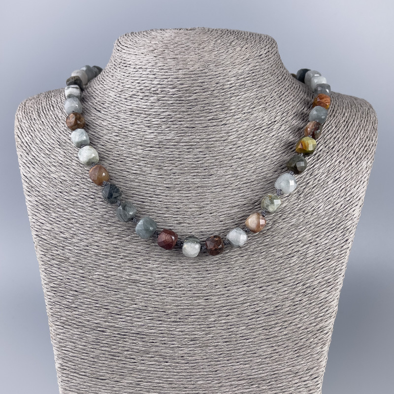 Assorted Natural Stone Necklace, Faceted Cube, Diameter 9x9mm+/-, Length 50cm+