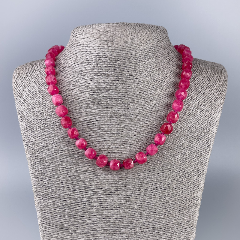 Pink Tourmaline Natural Stone Necklace, Faceted Cube, Diameter 9x9mm+/-, Length 50cm+