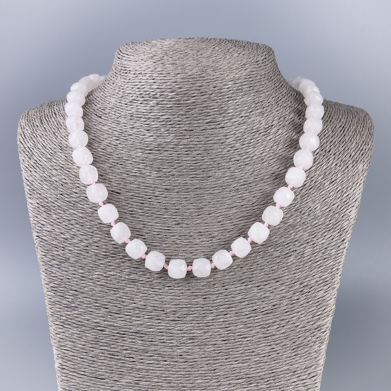 Rose Quartz Natural Stone Necklace, Faceted Cube, Diameter 9x9mm+/-, Length 50cm+