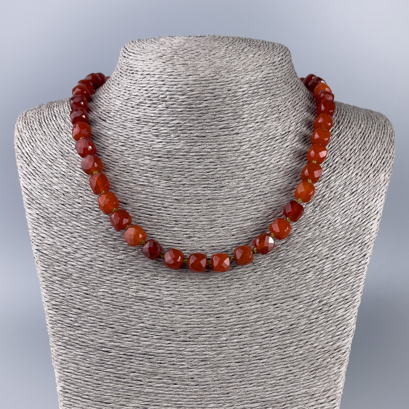 Carnelian Natural Stone Necklace, Faceted Cube, Diameter 9x9mm+/-, Length 50cm+