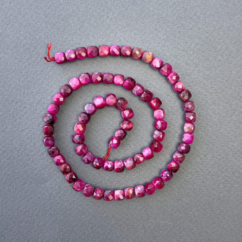 Raspberry Tiger's Eye Tinted Natural Stone Beads, Faceted Cube, Diameter 5x5mm+/-, Length 39cm+/- on a Strand