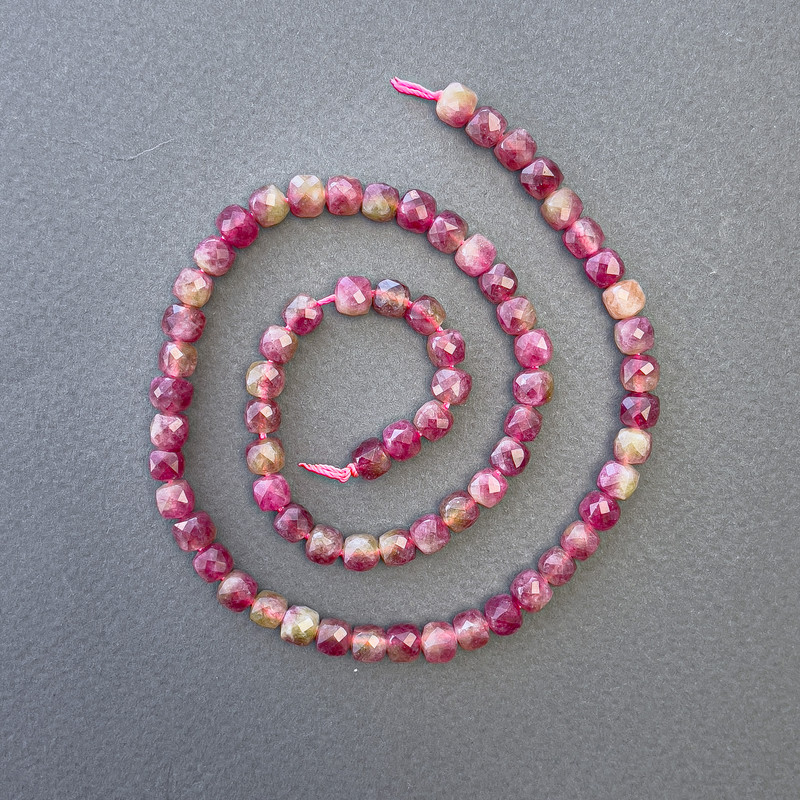 Polychrome Tourmaline Beads, Faceted Cube, Diameter 5.5x5.5mm+/-, Length 39cm+/- on a Strand