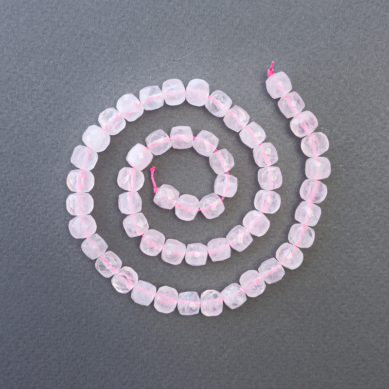 Rose Quartz Beads, natural stone faceted cube, diameter 7mm+-, length 39cm+- on a strand