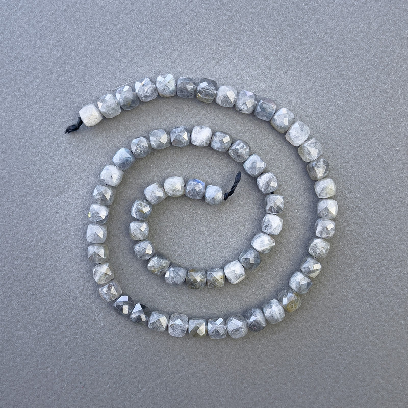 Labradorite Beads, natural stone faceted cube, diameter 6x6mm+-, length 39cm+- on a strand
