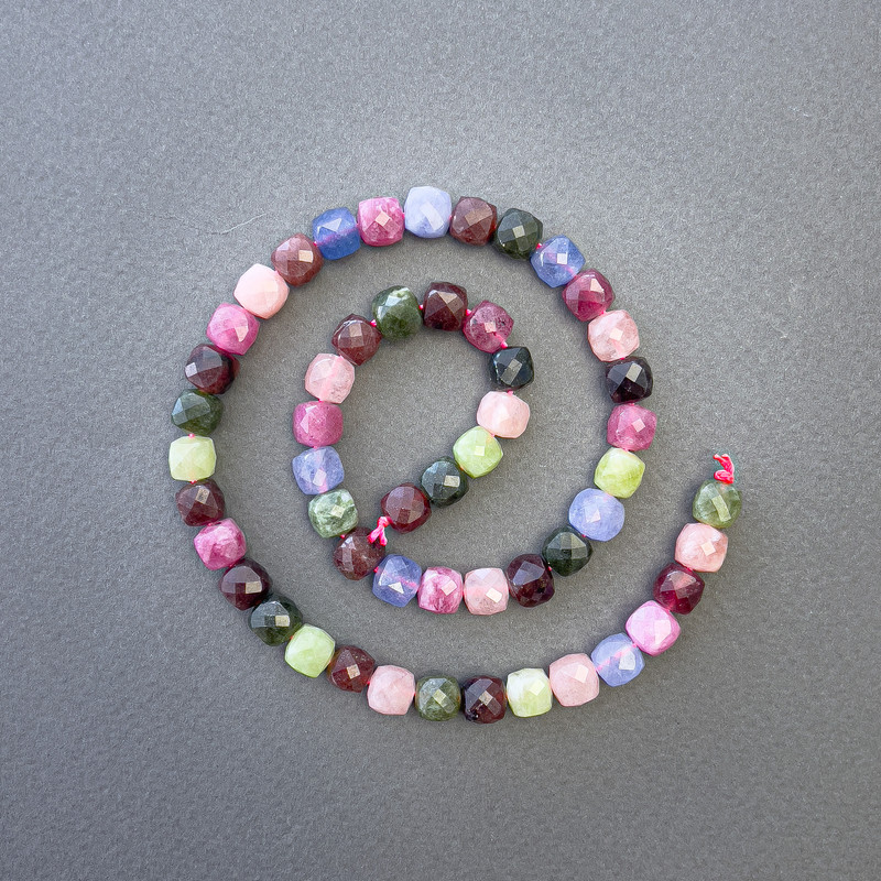 Tourmaline Beads natural stone faceted cube, diameter 7x7mm+-, length 39cm+- on a thread