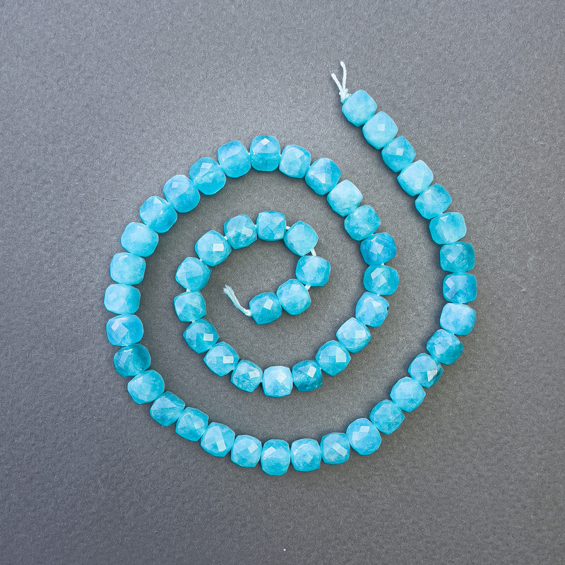 Aquamarine Beads natural stone faceted cube, diameter 7x7mm+-, length 39cm+- on a thread