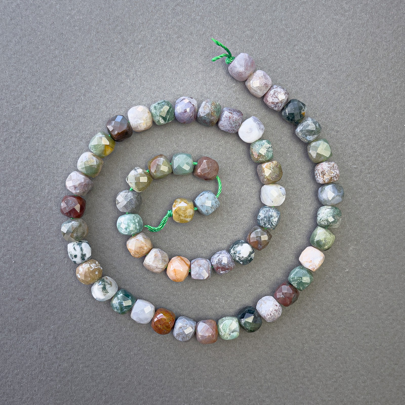 Green Jasper Beads, Natural Stone Faceted Cube, Diameter 7x7mm+-, Length 39cm+- on a Strand