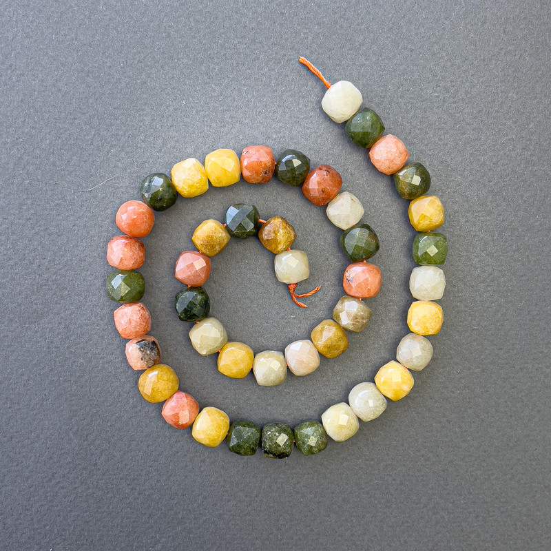 Assorted Natural Stone Beads, Faceted Cube, Diameter 9x9mm+-, Length 39cm+- on a Strand