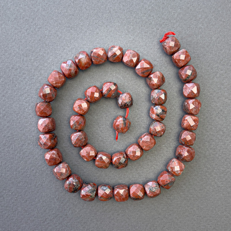 Red Jasper Beads, Natural Stone Faceted Cube, Diameter 9x9mm+-, Length 39cm+- on a Strand