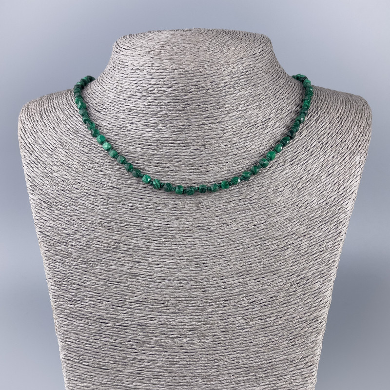 Necklace Malachite natural stone faceted cube, diameter 4x4mm+-, length 50cm+