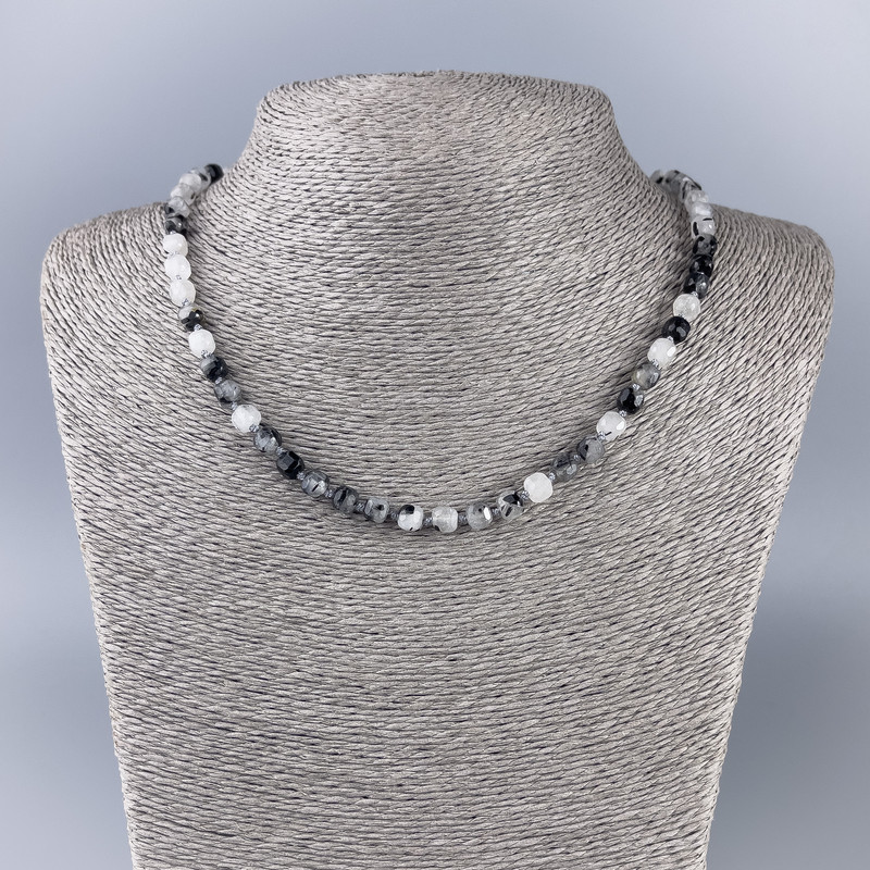 Rutilated Quartz Natural Stone Necklace, Faceted Cube, Diameter 5.5x5.5mm+/-, Length 49cm+