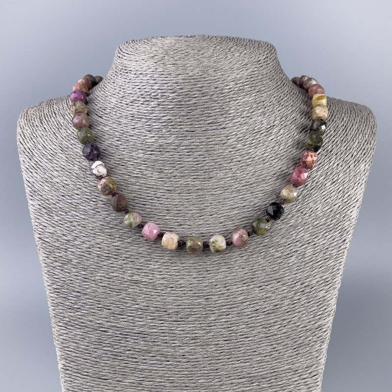 Tourmaline Necklace Natural Stone Faceted Cube, diameter 8x8mm+/-, length 50cm+