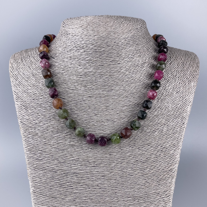Tourmaline Necklace, Natural Stone Faceted Cube, diameter 9x9mm+-, length 50cm+