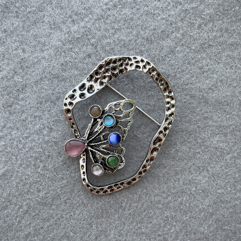 Butterfly Brooch, Multicoloured Cat's Eye Stone, Silver Metal 55x43mm+