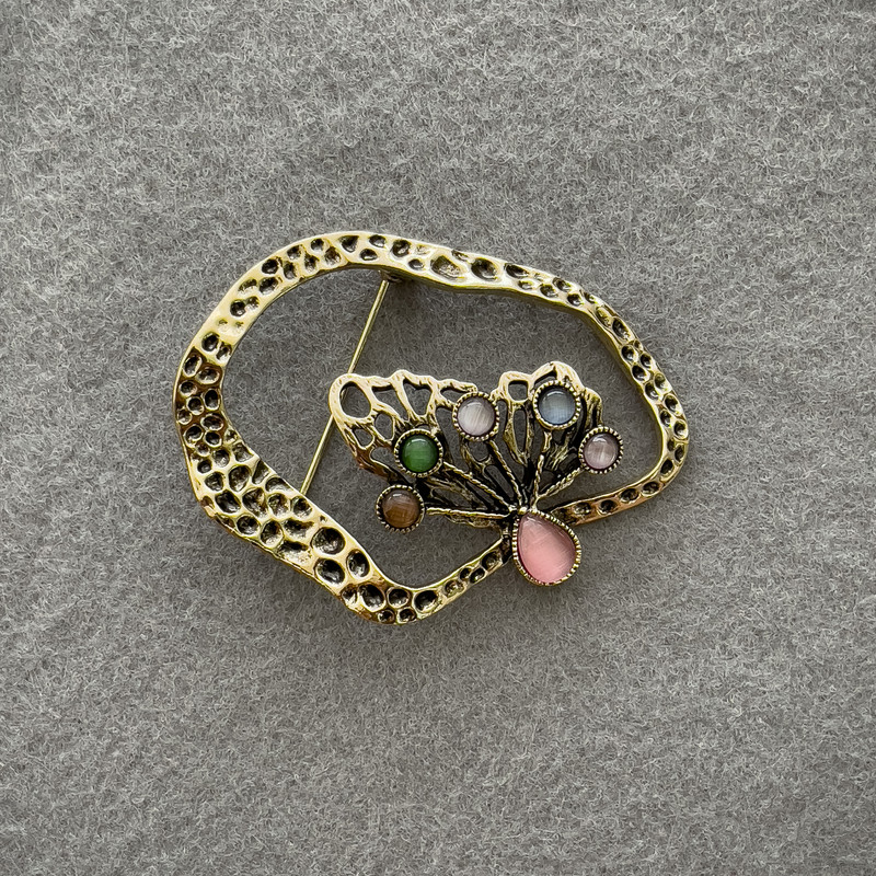 Butterfly Brooch Multicolour Cat's Eye Gold-Tone Metal 55x43mm+