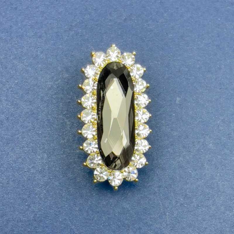 Brooch Accent with Gray Crystal and White Rhinestones in Gold-Toned Metal 36×18 mm +