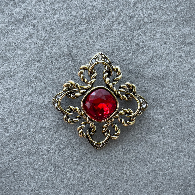 Accent Brooch-Pendant with Red Crystal and White Rhinestones, Gold-Tone Metal, 42 mm +