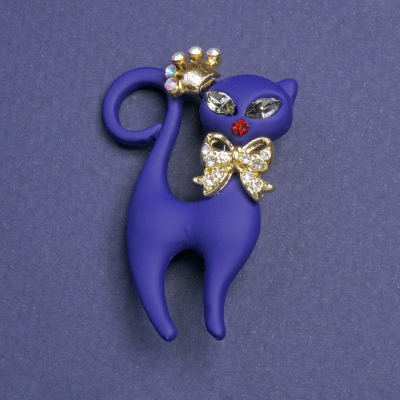 Cat Brooch Matte Blue with Rhinestones Silver-Tone Metal 43x29mm+