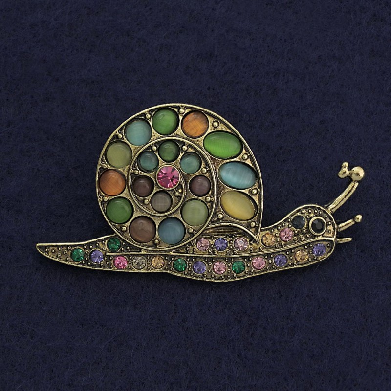 Snail Brooch, multicolour cat's eye with rhinestones, gold-tone metal 28x55mm+
