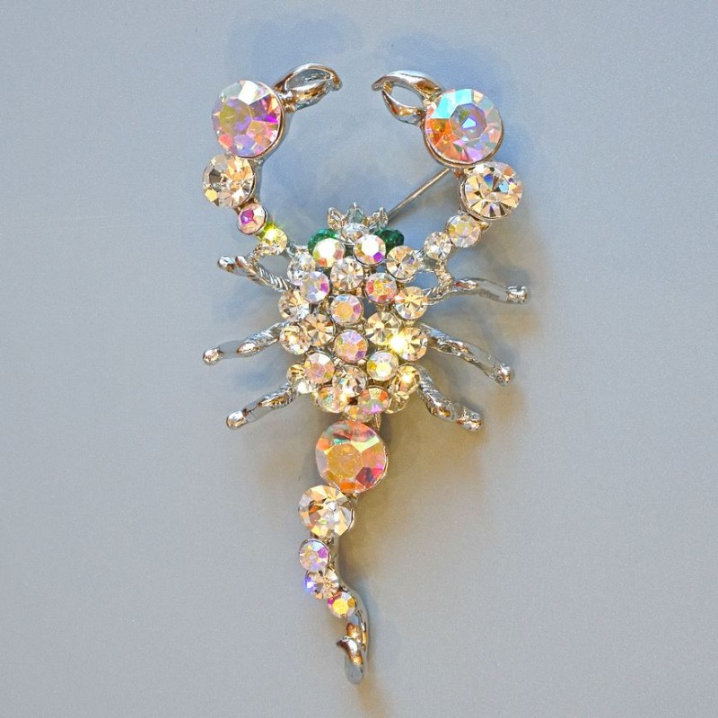 Scorpion Brooch with white and green rhinestones, silver-tone metal 70x37mm+