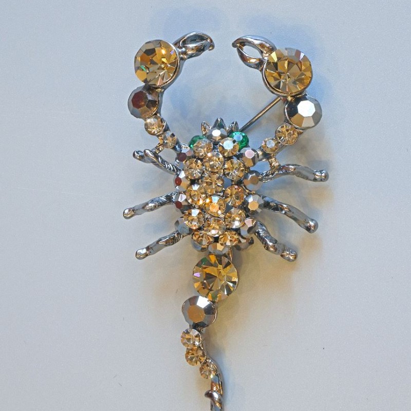 Scorpion Brooch with grey and green rhinestones, dark silver-tone metal 70x37mm+
