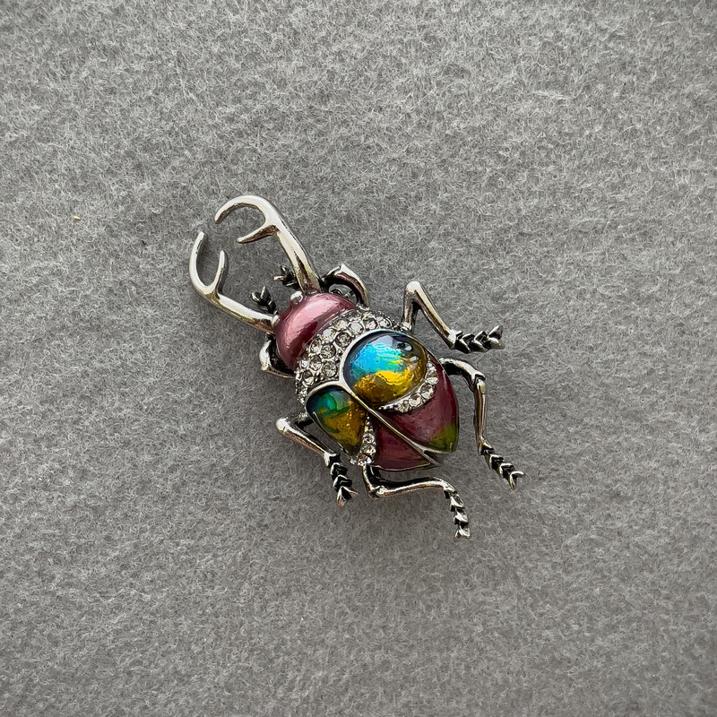 Beetle Brooch, pink, yellow and blue enamel, with white rhinestones, silver-tone metal 58x34mm+