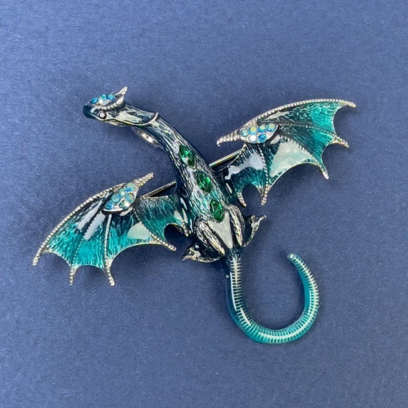 Brooch-Pendant Dragon, blue enamel with light blue and green rhinestones, silver-tone metal, 50x56mm+