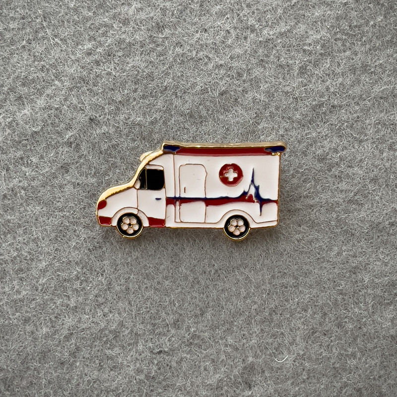 Ambulance Brooch, White Enamel, Gold-Tone Metal, 18x32mm+