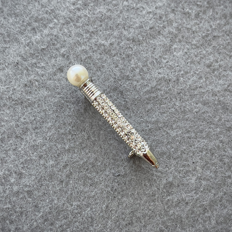 Pen Brooch with White Rhinestones and Pearl, Silver-Tone Metal, 37x6mm+