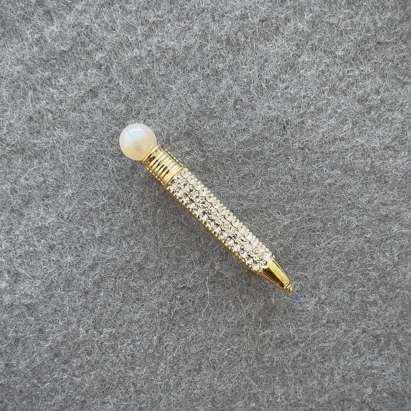 Pen Brooch with White Rhinestones and Pearl, Gold-Tone Metal, 37x6mm+