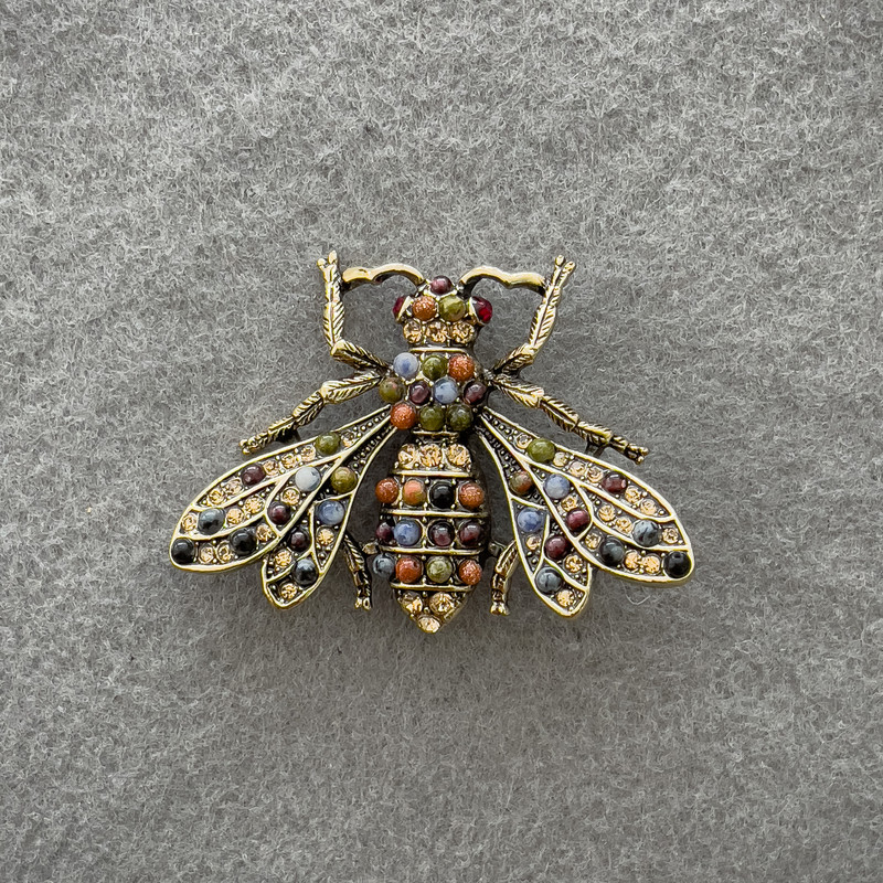 Butterfly Brooch with Rhinestones and Assorted Stones, Gold-Tone Metal, 49x38mm+
