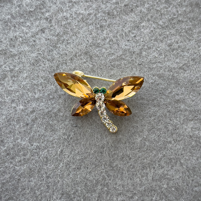 Dragonfly Brooch with Yellow and White Crystals, Gold-Tone Metal, 20x28mm+