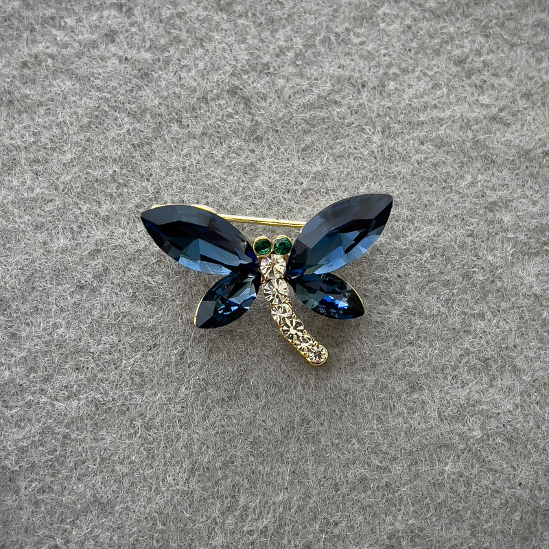 Dragonfly Brooch with Blue and White Crystals, Gold-Tone Metal 20x28mm+