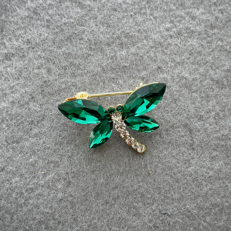 Dragonfly Brooch with Green and White Crystals, Gold-Tone Metal 20x28mm+