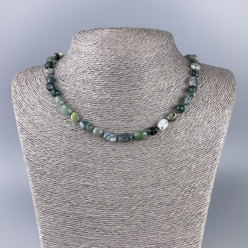 Moss Agate Necklace, Natural Stone, Tumbled Beads, Diameter 8x10mm+/-, Length 47cm+