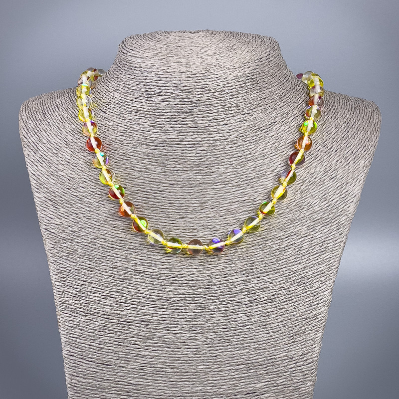 Opal Glass Necklace Yellow Chameleon Smooth Round, diameter 8mm+/-, length 49cm+