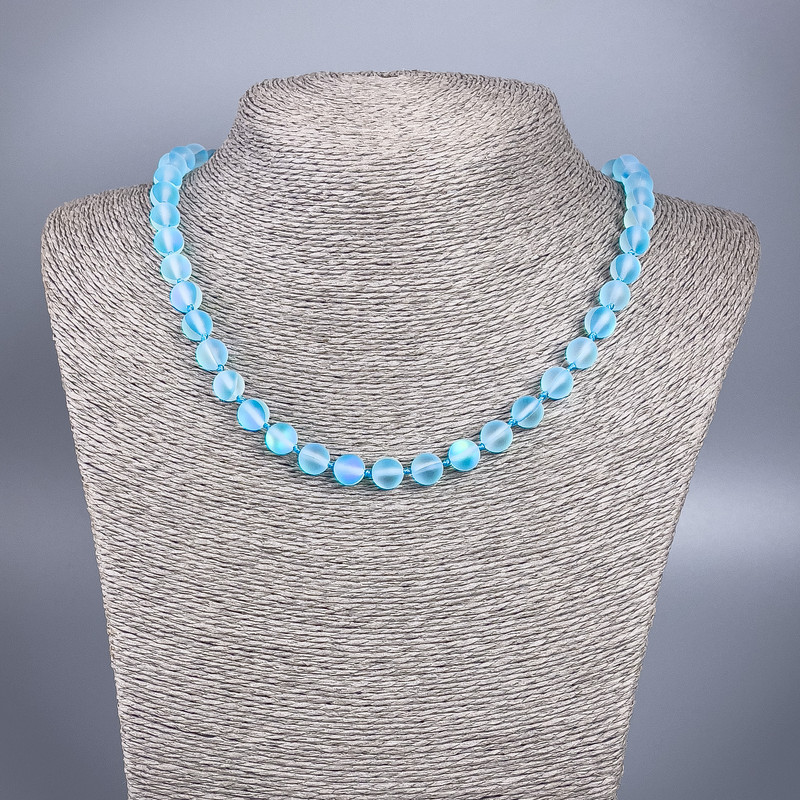 Opal Glass Necklace Blue Matte Chameleon Smooth Round, diameter 8mm+/-, length 49cm+