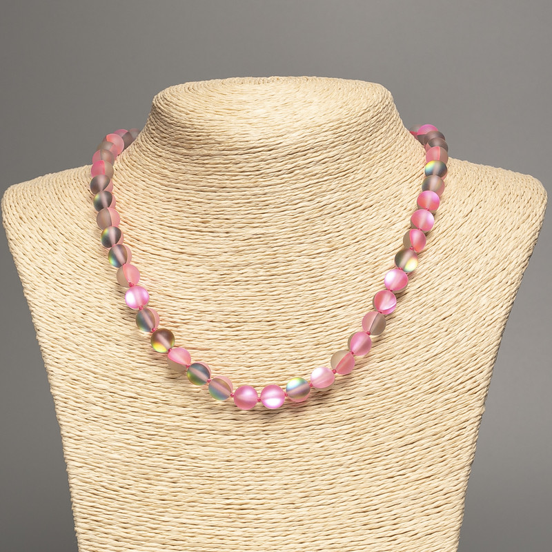 Opal Glass Necklace, pink matte chameleon, smooth round beads, diameter 8mm+/-, length 49cm+