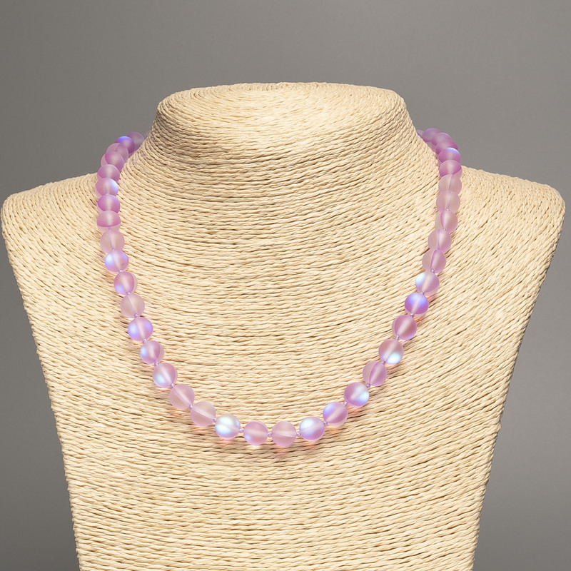 Opal Glass Necklace, purple matte chameleon, smooth round beads, diameter 8mm+/-, length 49cm+