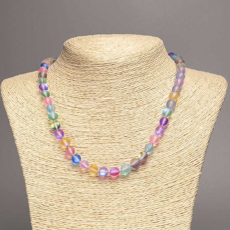 Opal Glass Necklace, multicolour matte chameleon, smooth round beads, diameter 8mm+/-, length 49cm+