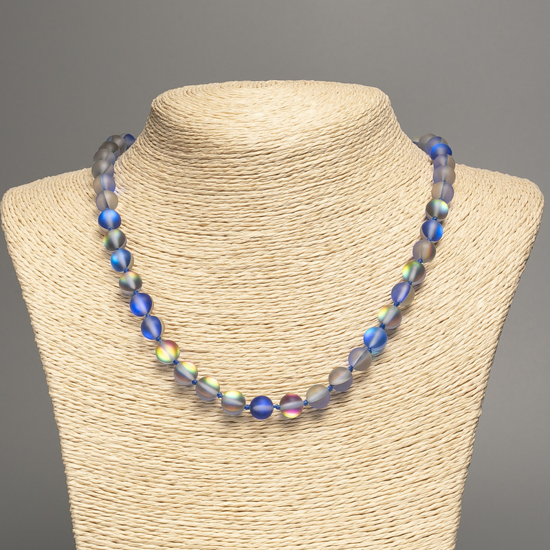Necklace Opal Glass Blue Matte Chameleon Smooth Bead, diameter 8mm±, length 49cm±