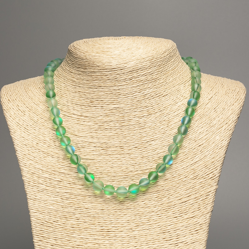 Opal glass necklace green and blue matte chameleon smooth bead, diameter 8mm+-, length 49cm+